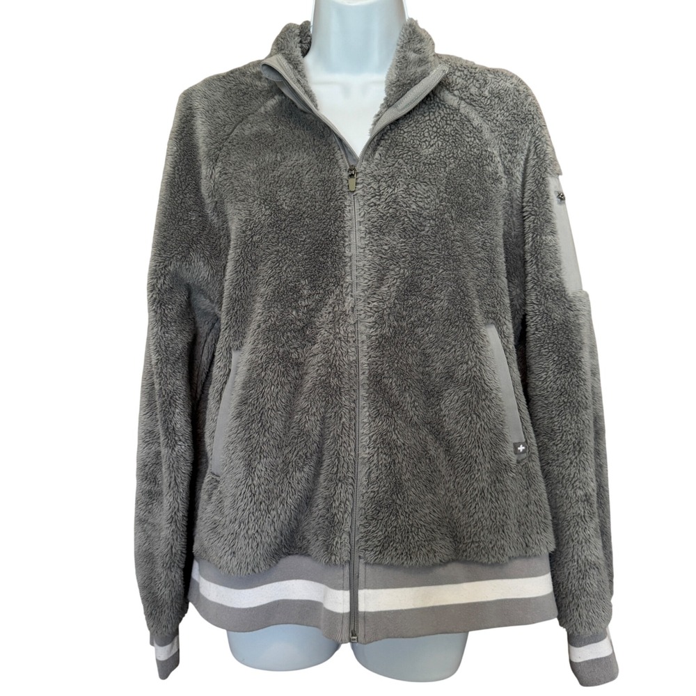 FIGS Bafia Sherpa Fleece Bomber Jacket M Gray Boston Scientific Embroidered